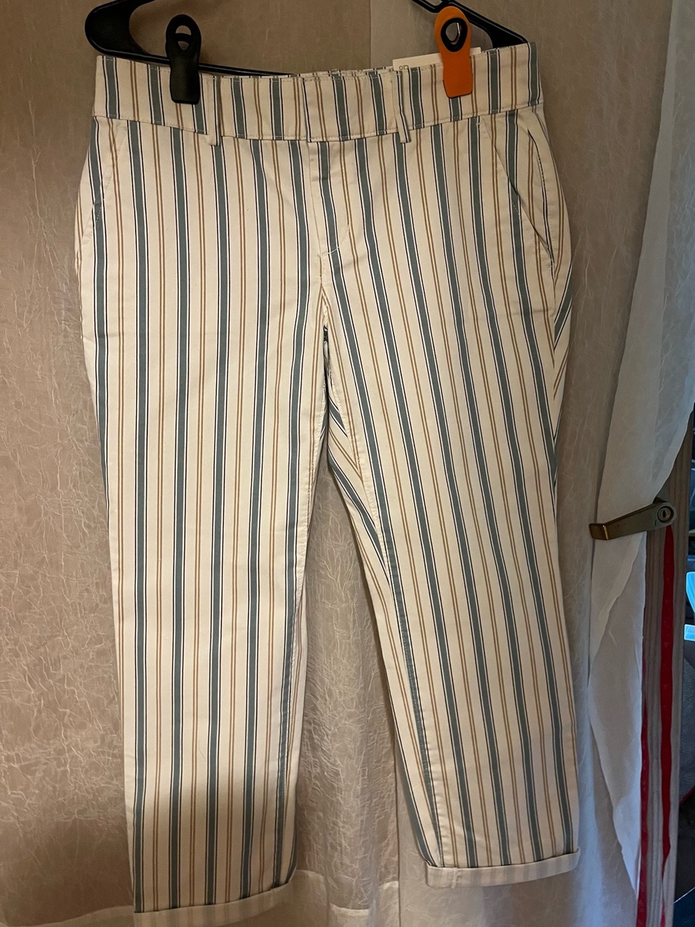 LOFT Cream Cropped Chinos with Blue and Tan Stripes